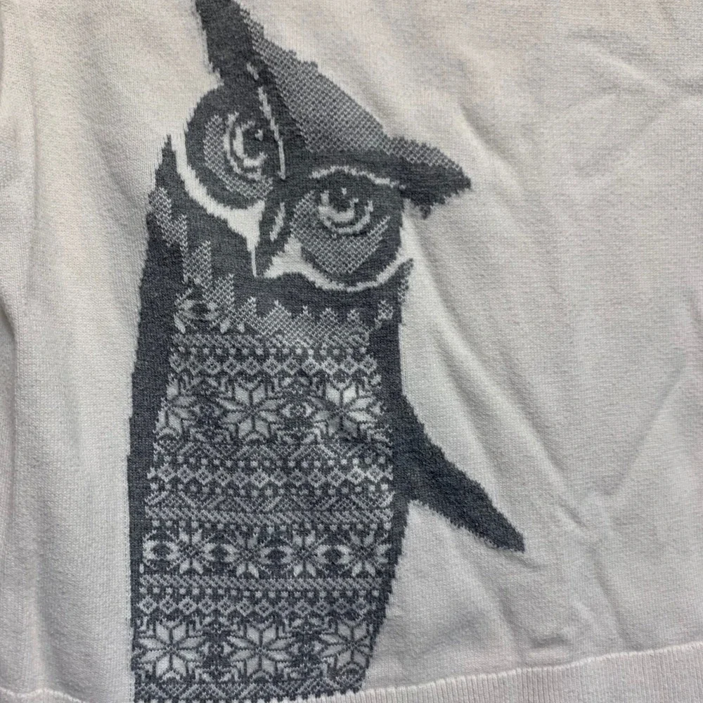 Bass Owl Graphic Sweater Size Medium White Cotton Fair Isle Intarsia Crew Neck